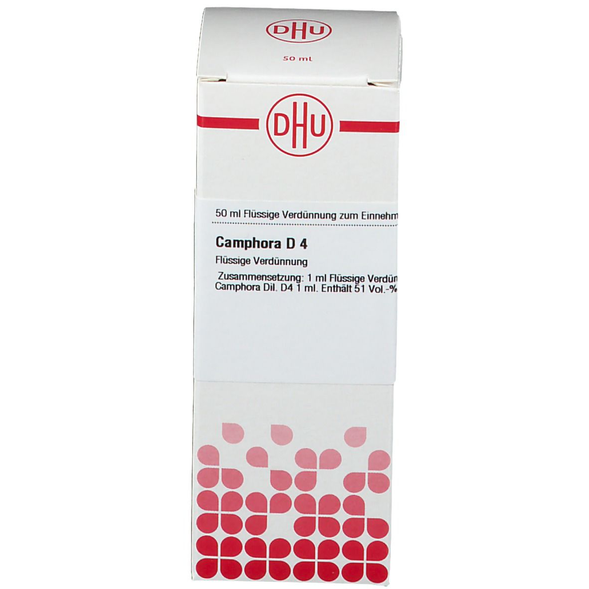 Weiße Verpackung mit rotem Muster. DHU Logo und Produktinformationen. DHU Camphora D4.