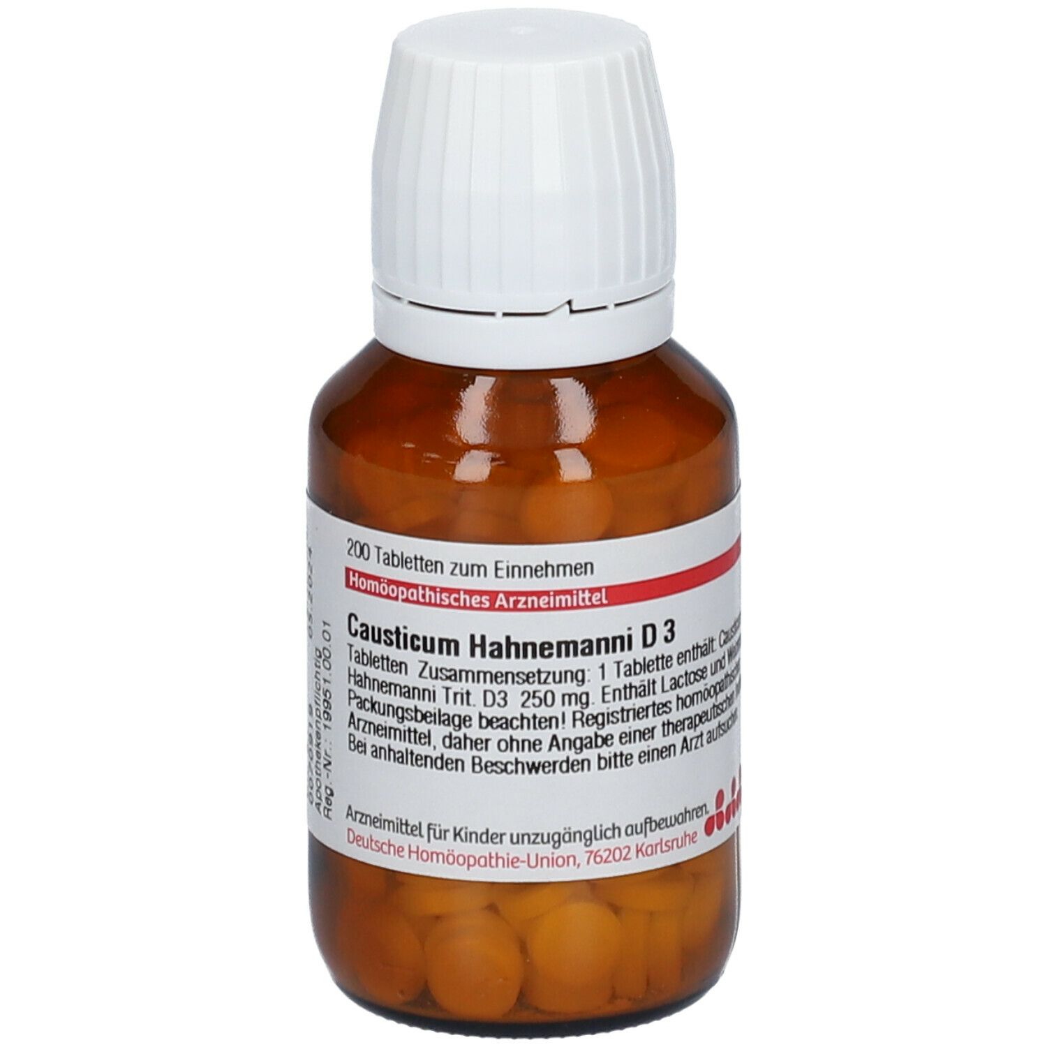 Braune Glasflasche mit weißen Deckel. Enthält Tabletten. Beschriftung: Causticum Hahnemanni D3. 200 Tabletten.