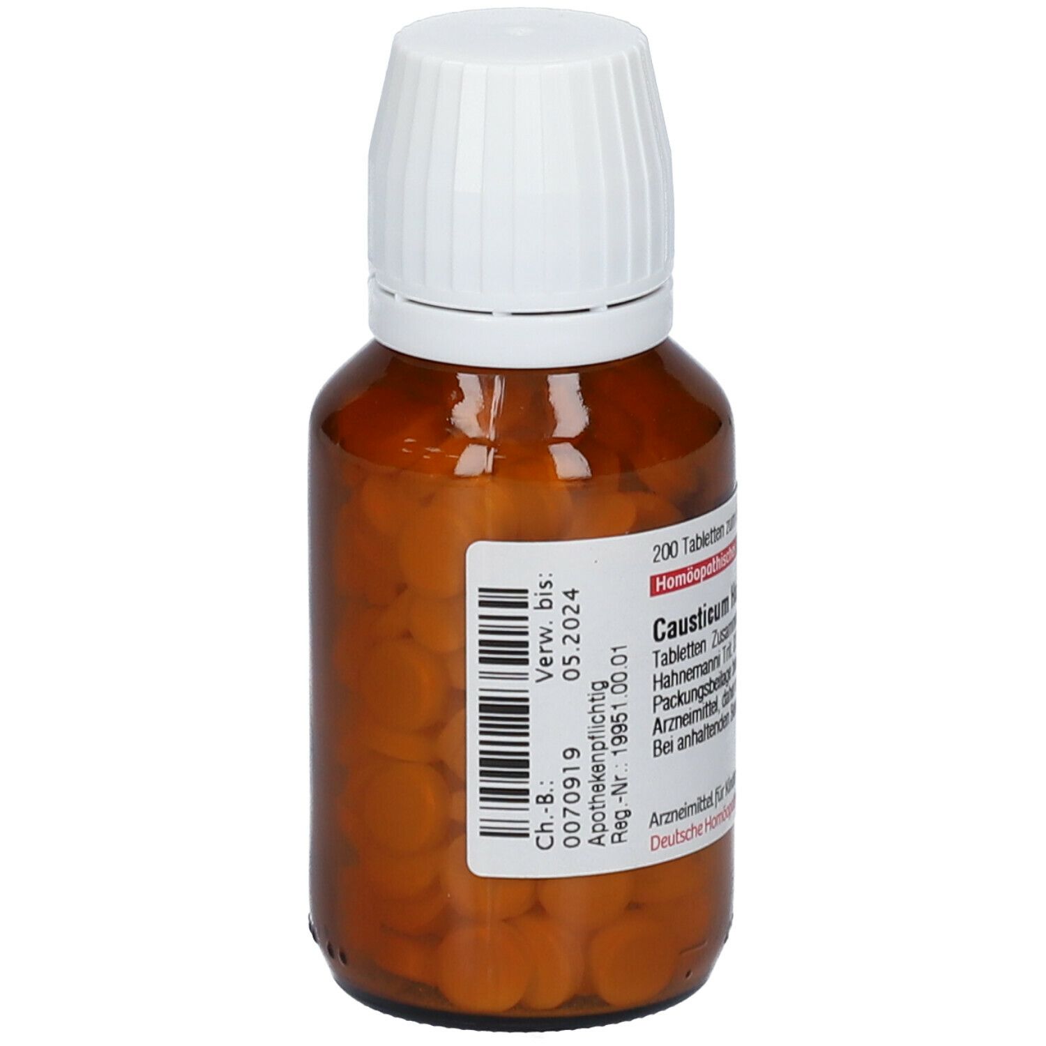 Braune Glasflasche mit weißen Deckel. Tabletten sichtbar. Beschriftung: Causticum Hahnemanni D3. Barcode und Verfallsdatum.