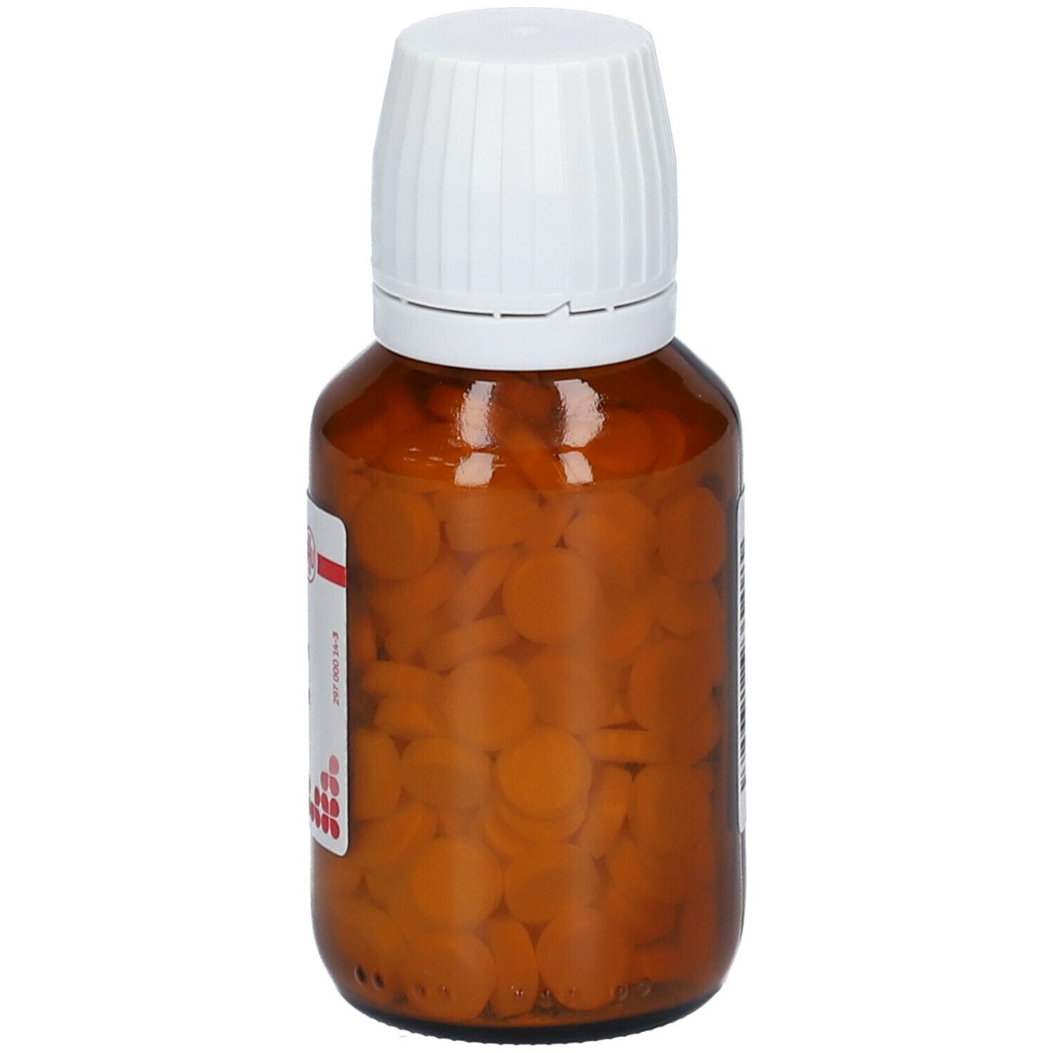 Braune Glasflasche mit weißen Deckel. Tabletten sichtbar. Beschriftung: Causticum Hahnemanni D3. Tablettenform.