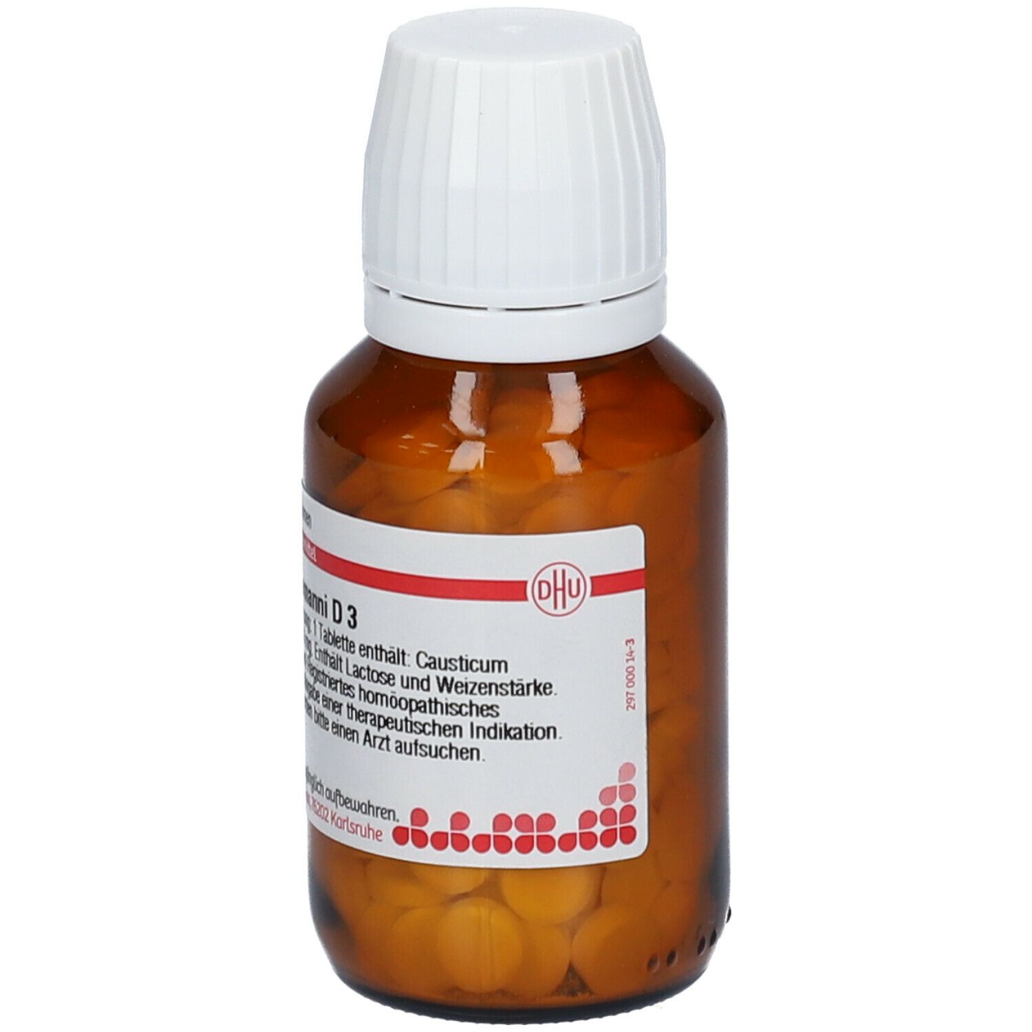 Braune Glasflasche mit weißen Deckel. Tabletten sichtbar. Beschriftung: Causticum Hahnemanni D3. DHU Logo.