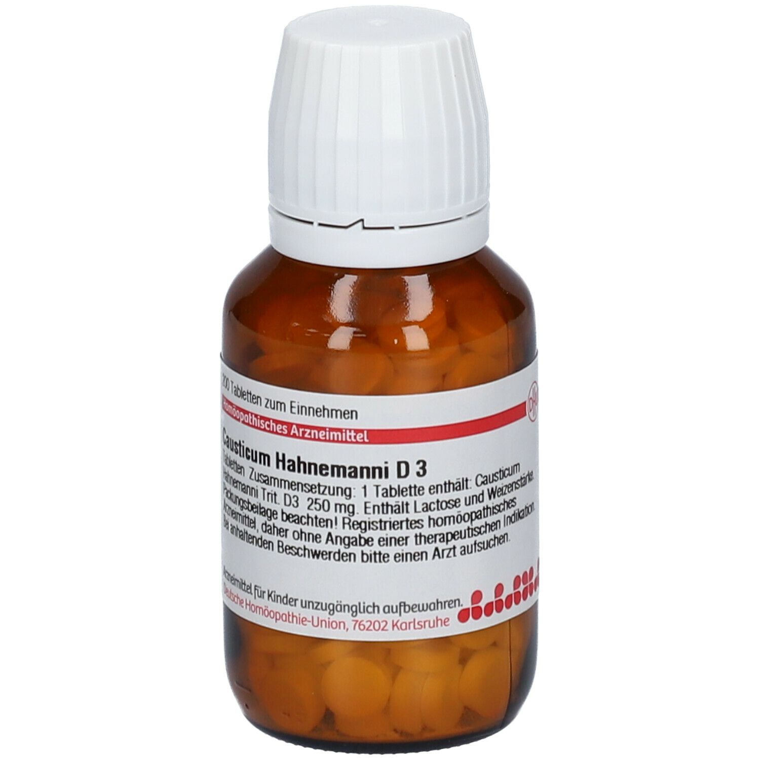 Braune Glasflasche mit weißen Deckel. Tabletten sichtbar. Beschriftung: Causticum Hahnemanni D3. 200 Tabletten.