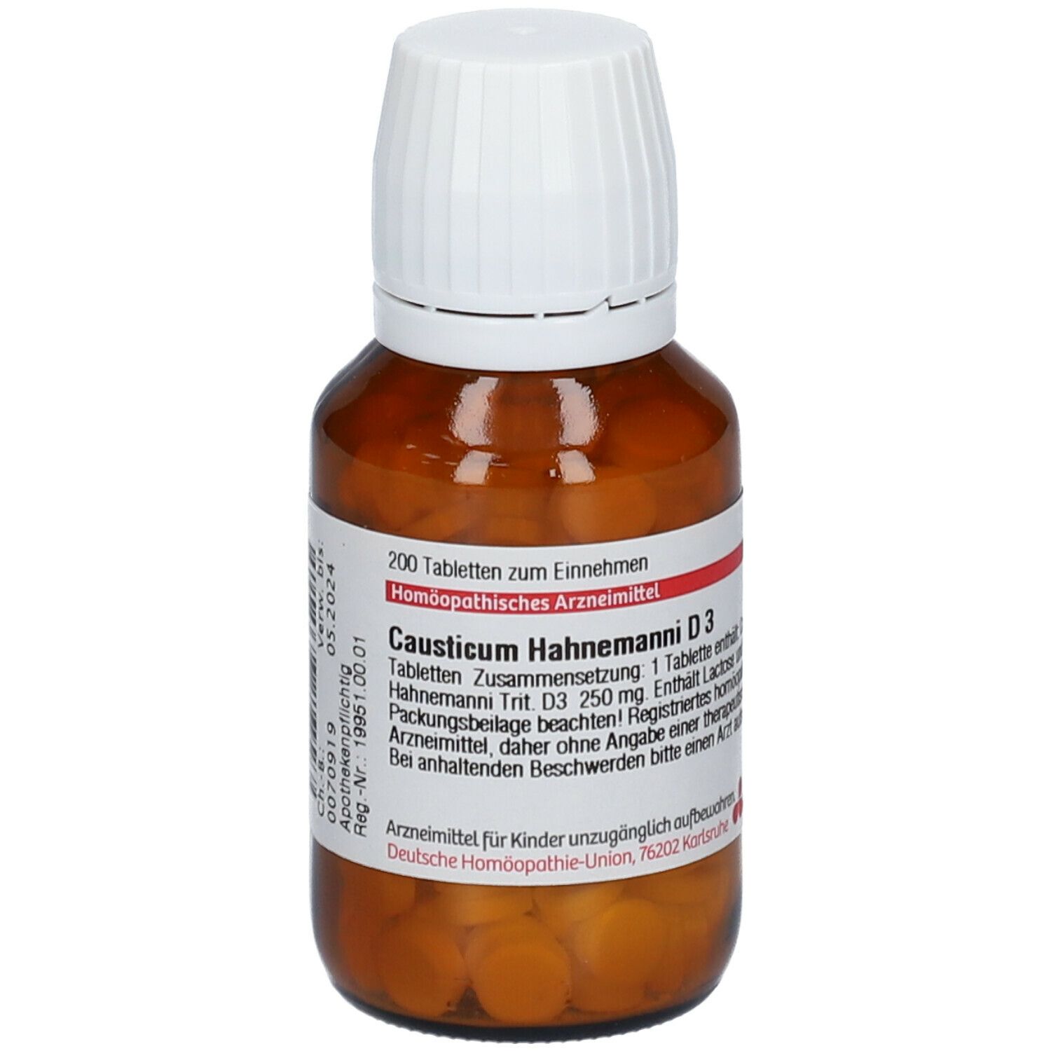 Braune Glasflasche mit weißen Deckel. Tabletten sichtbar. Beschriftung: Causticum Hahnemanni D3. 200 Tabletten.