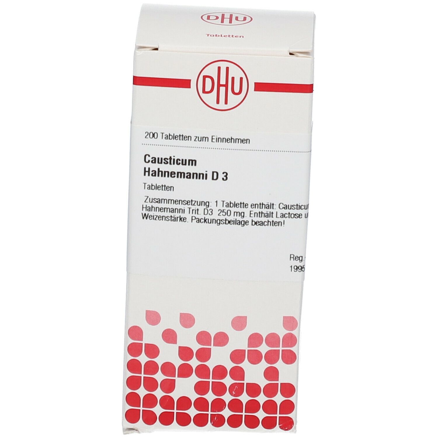 Weiße Verpackung mit rotem Logo. Beschriftung: Causticum Hahnemanni D3. 200 Tabletten. DHU Logo.