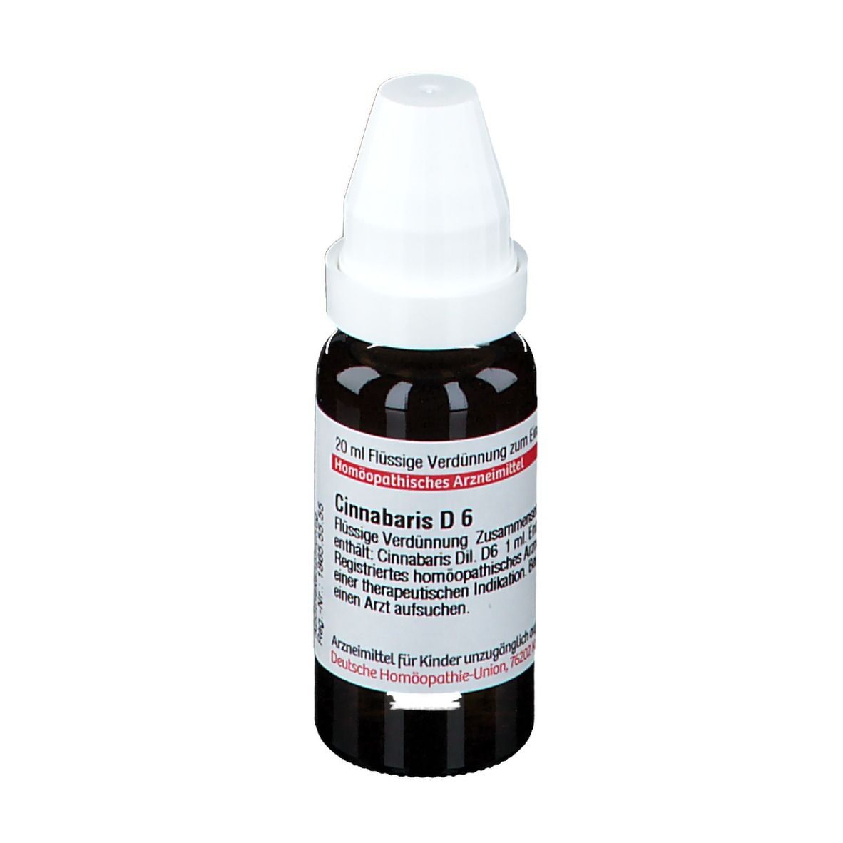 Braune Glasflasche mit weißem Verschluss. Etikett mit Text: Cinnabaris D6, flüssige Verdünnung. 20 ml. Apothekenpflichtig.