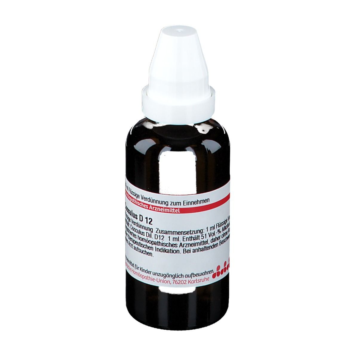 Braune Glasflasche mit weißem Verschluss. Etikett mit Text: Cocculus D 12. Homöopathisches Arzneimittel. DHU Logo.