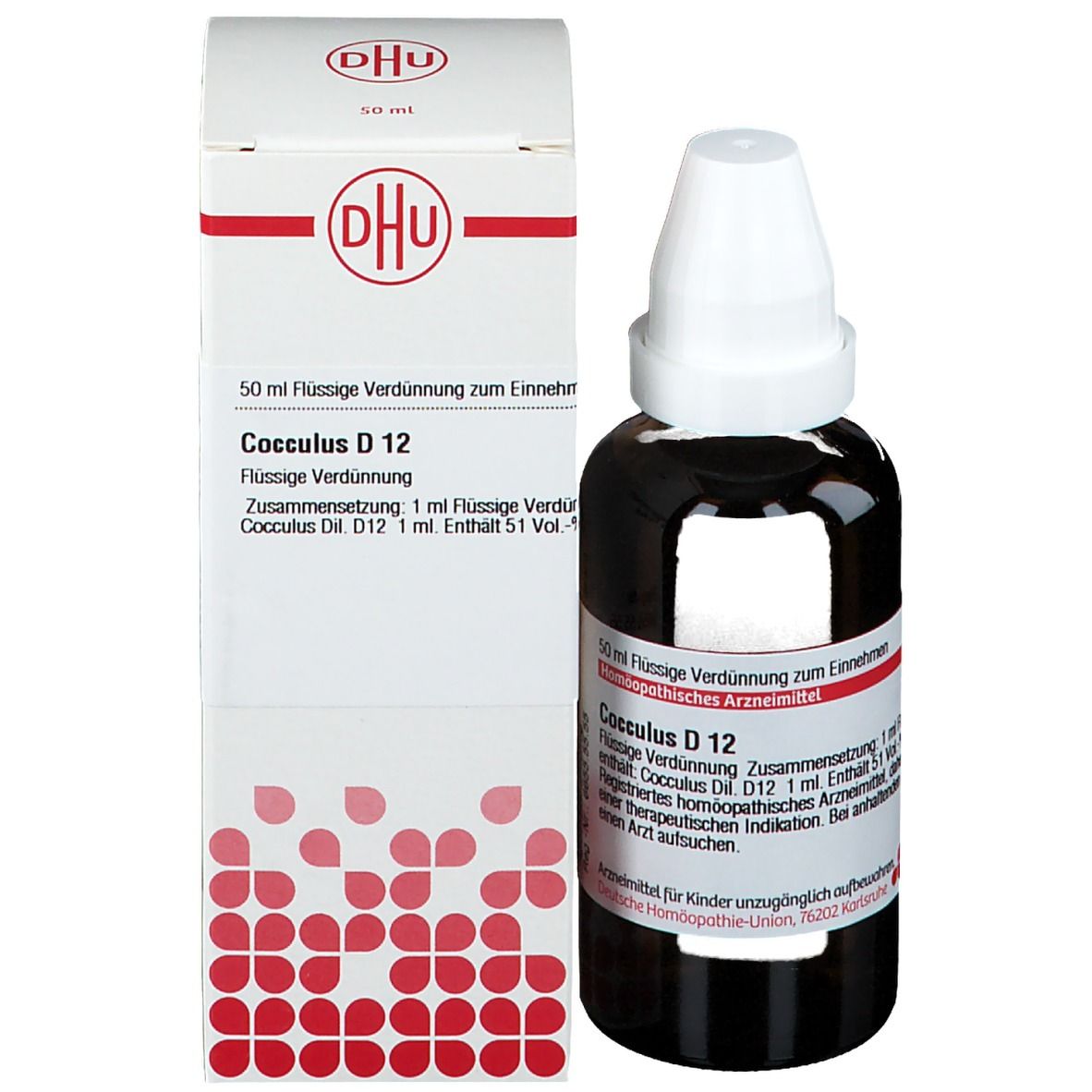 Produktverpackung und Flasche. Auf der Verpackung steht: Cocculus D 12. Homöopathisches Arzneimittel. DHU Logo.