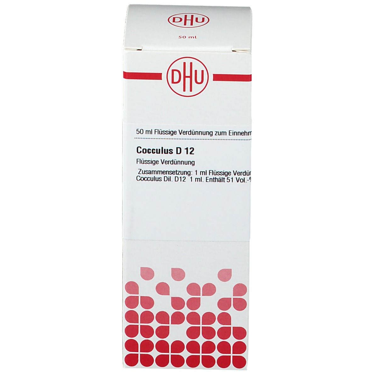 Produktverpackung. Auf der Verpackung steht: Cocculus D 12. Homöopathisches Arzneimittel. DHU Logo.