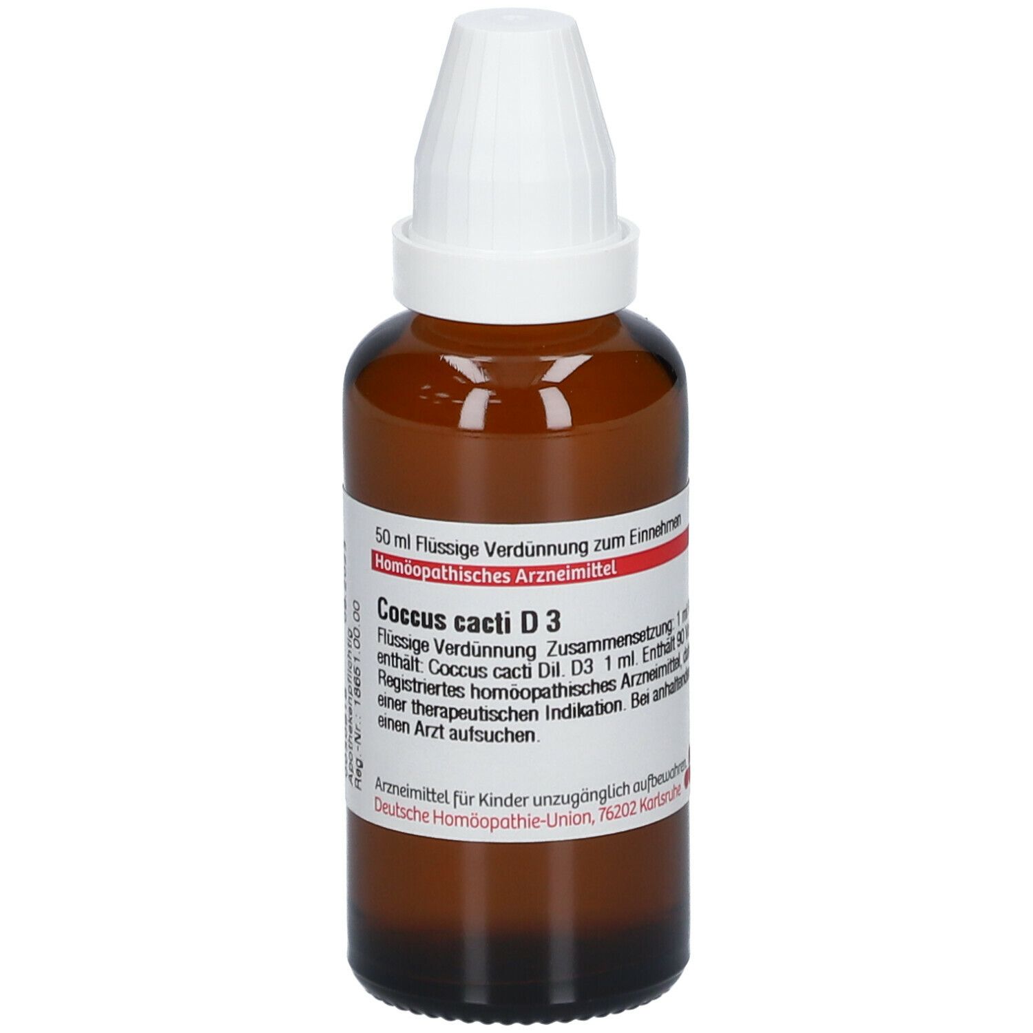 Braune Glasflasche mit weißem Verschluss. Beschriftung: Coccus cacti D3, 50 ml. Homöopathisches Arzneimittel.