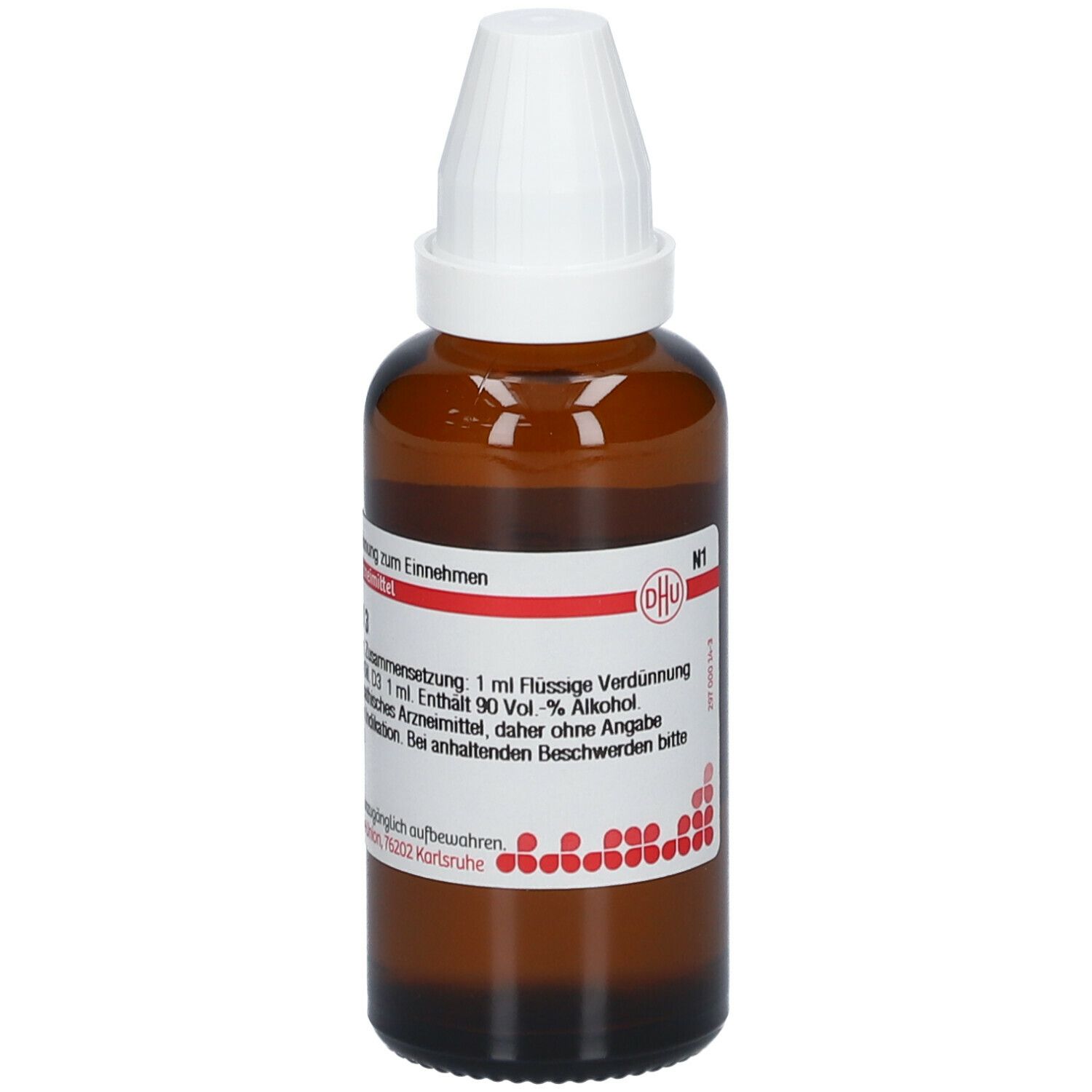 Braune Glasflasche mit weißem Verschluss. Etikett mit rotem DHU-Logo. Homöopathisches Arzneimittel.