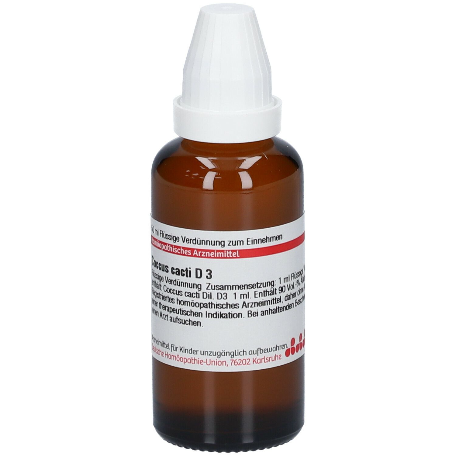 Braune Glasflasche mit weißem Verschluss. Beschriftung: Coccus cacti D3, 50 ml. Homöopathisches Arzneimittel.