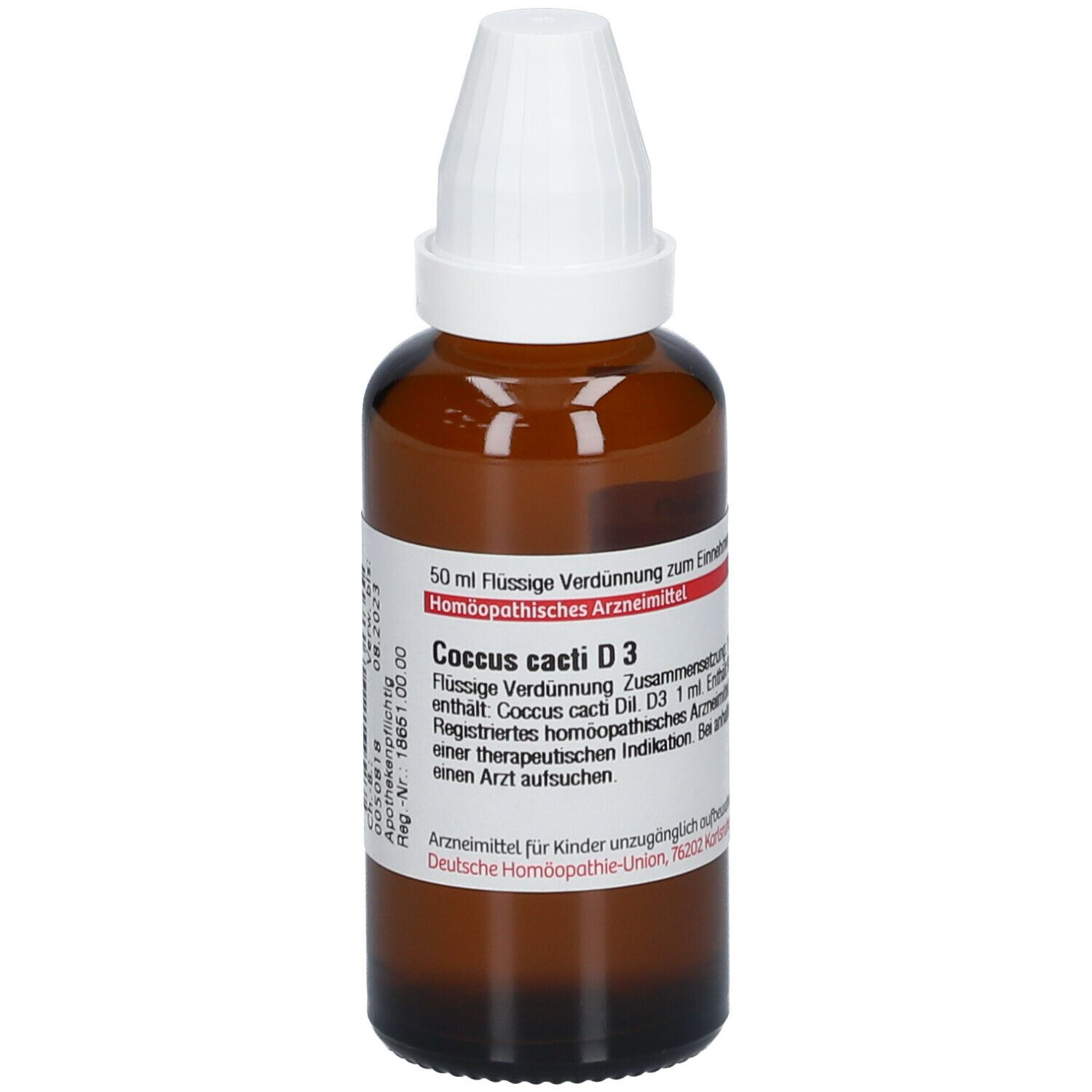 Braune Glasflasche mit weißem Verschluss. Beschriftung: Coccus cacti D3, 50 ml. Homöopathisches Arzneimittel.