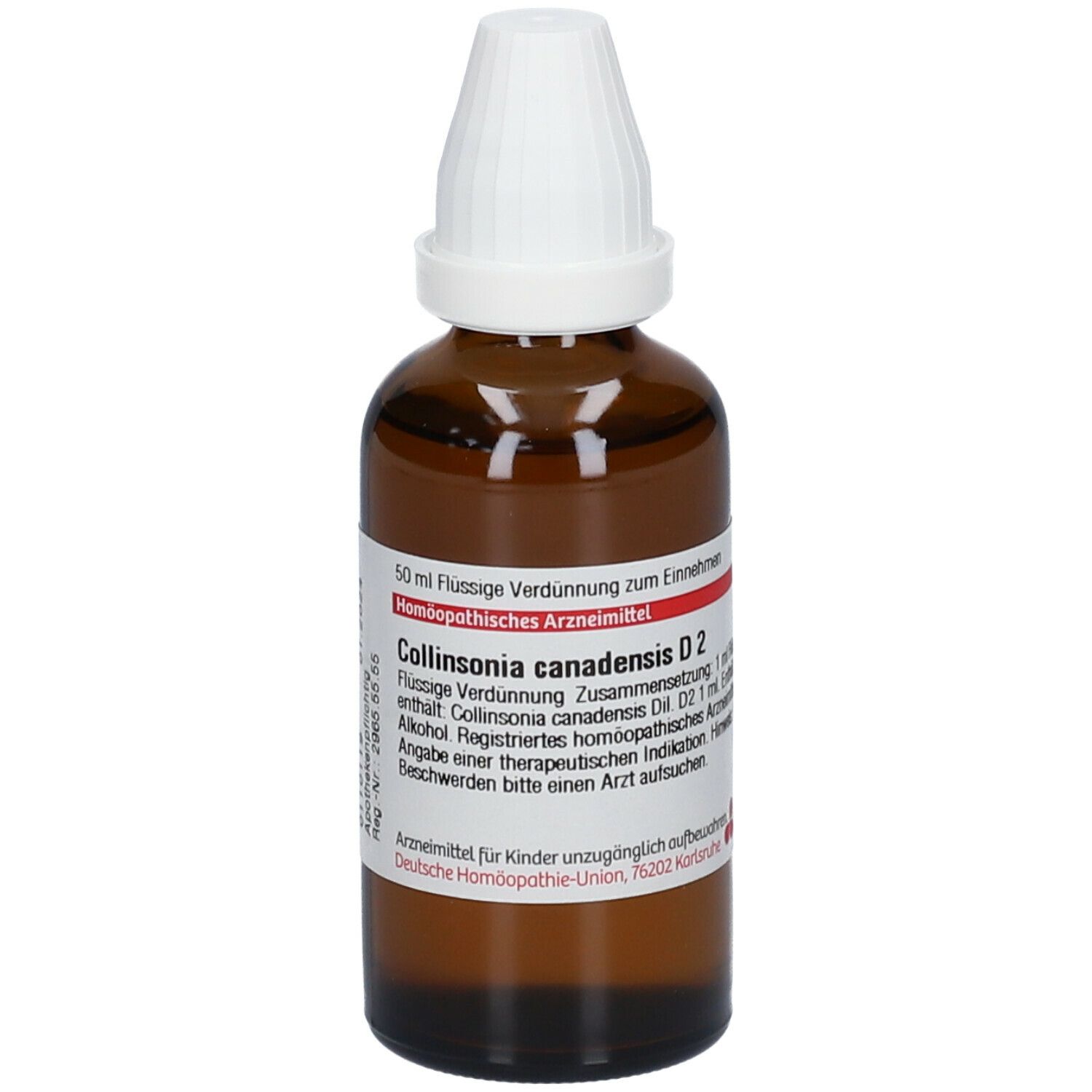 Braune Glasflasche mit weißem Verschluss. Etikett mit Produktinformationen: DHU Collinsonia canadensis D2.