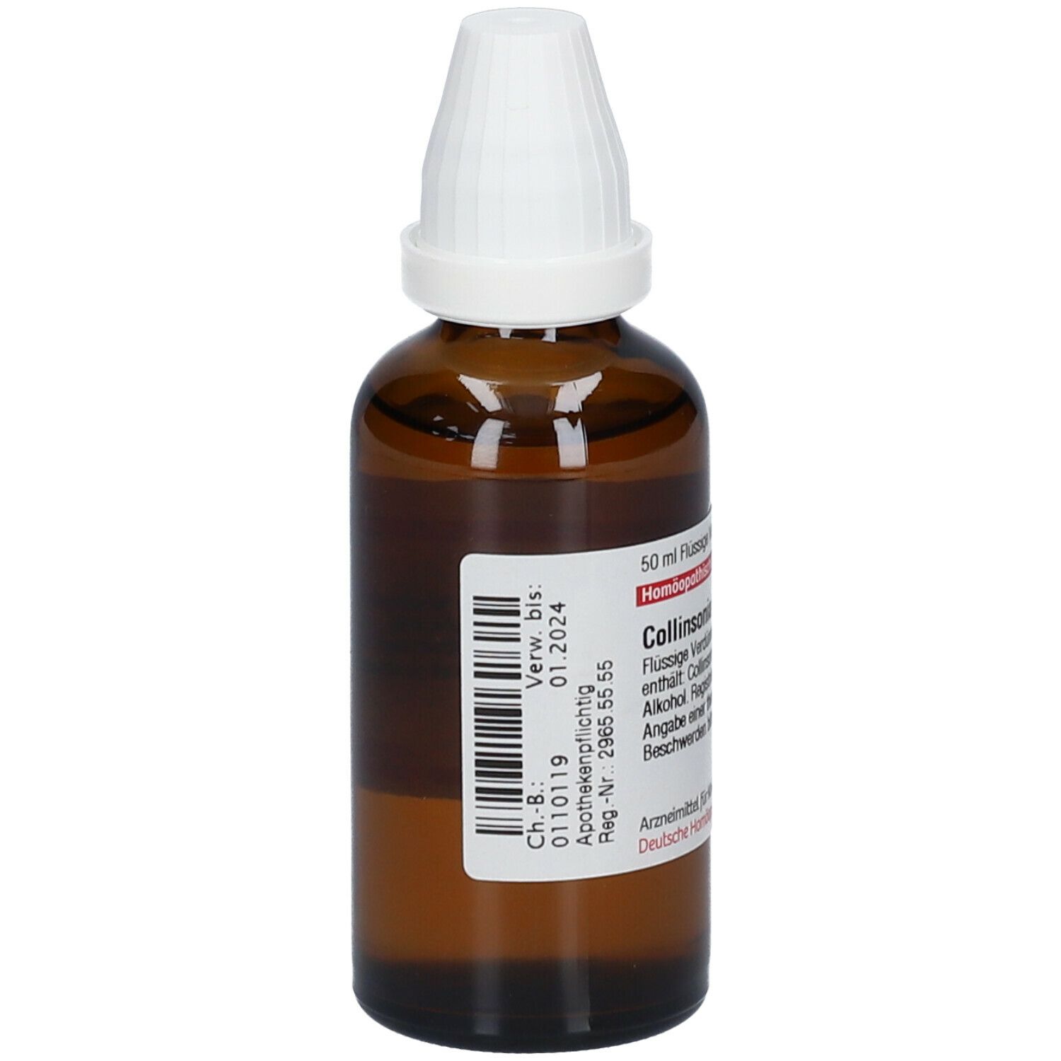 Braune Glasflasche mit weißem Verschluss. Etikett mit Barcode und Produktinformationen: DHU Collinsonia canadensis D2.
