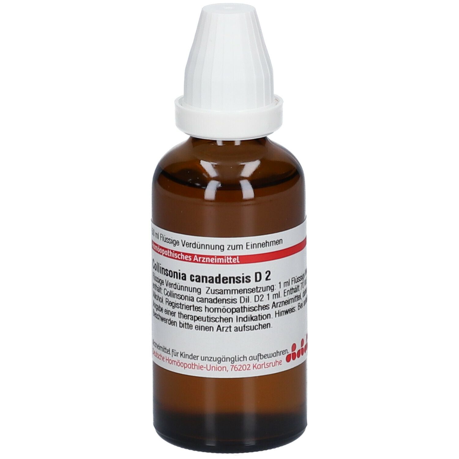 Braune Glasflasche mit weißem Verschluss. Etikett mit Produktinformationen: DHU Collinsonia canadensis D2.