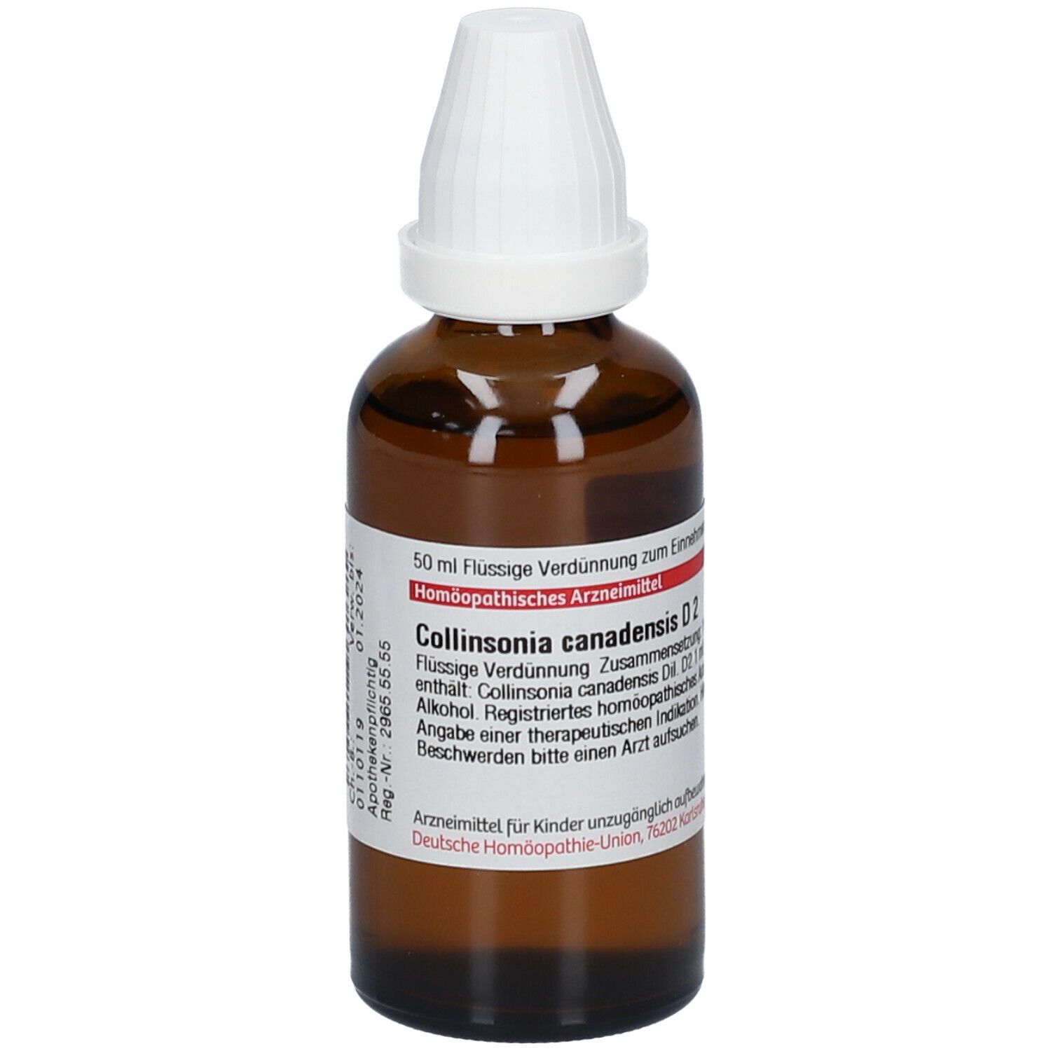 Braune Glasflasche mit weißem Verschluss. Etikett mit Produktinformationen: DHU Collinsonia canadensis D2.