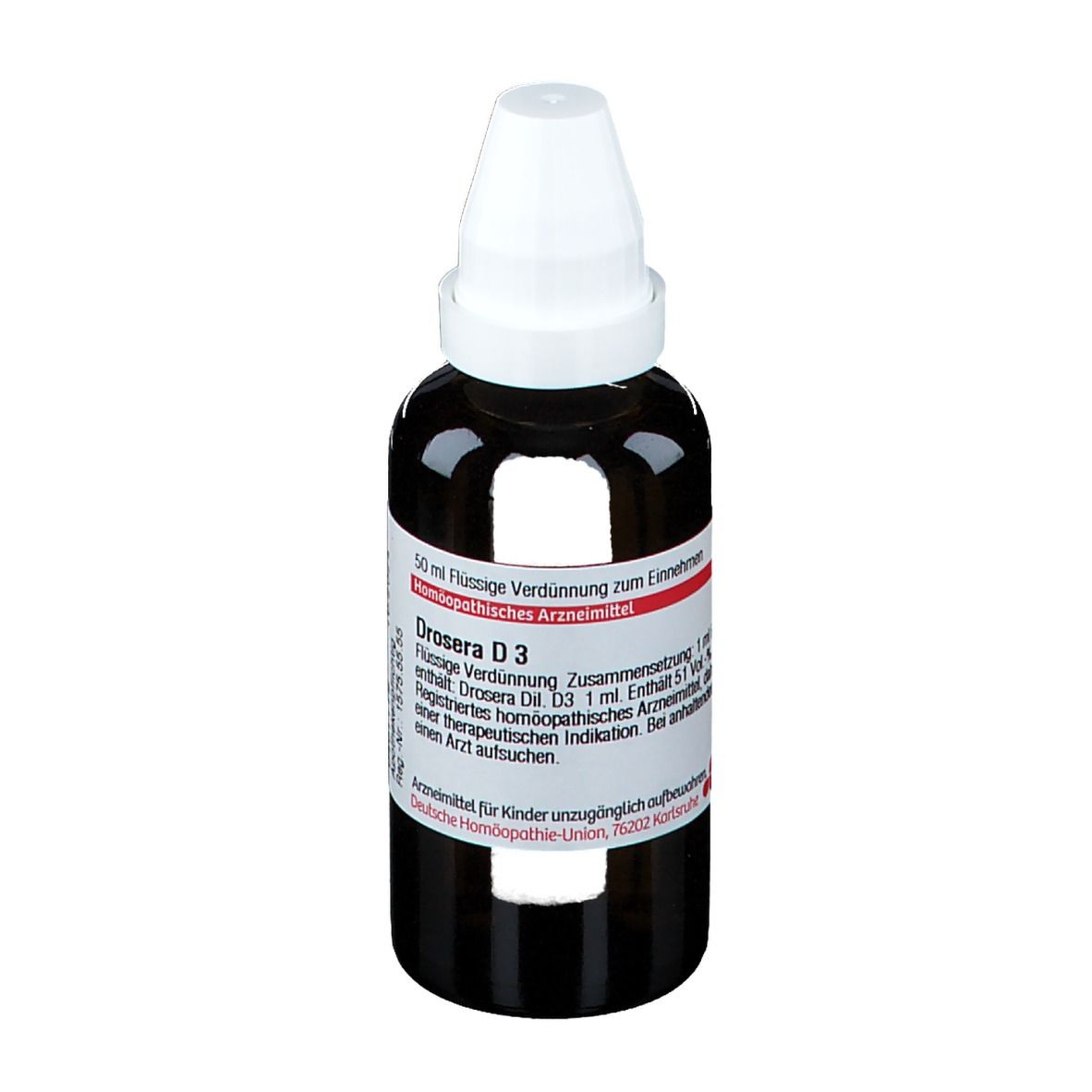 Braune Glasflasche mit weißem Deckel. Etikett mit Text: Drosera D3, flüssige Verdünnung. Deutsche Homöopathie-Union.