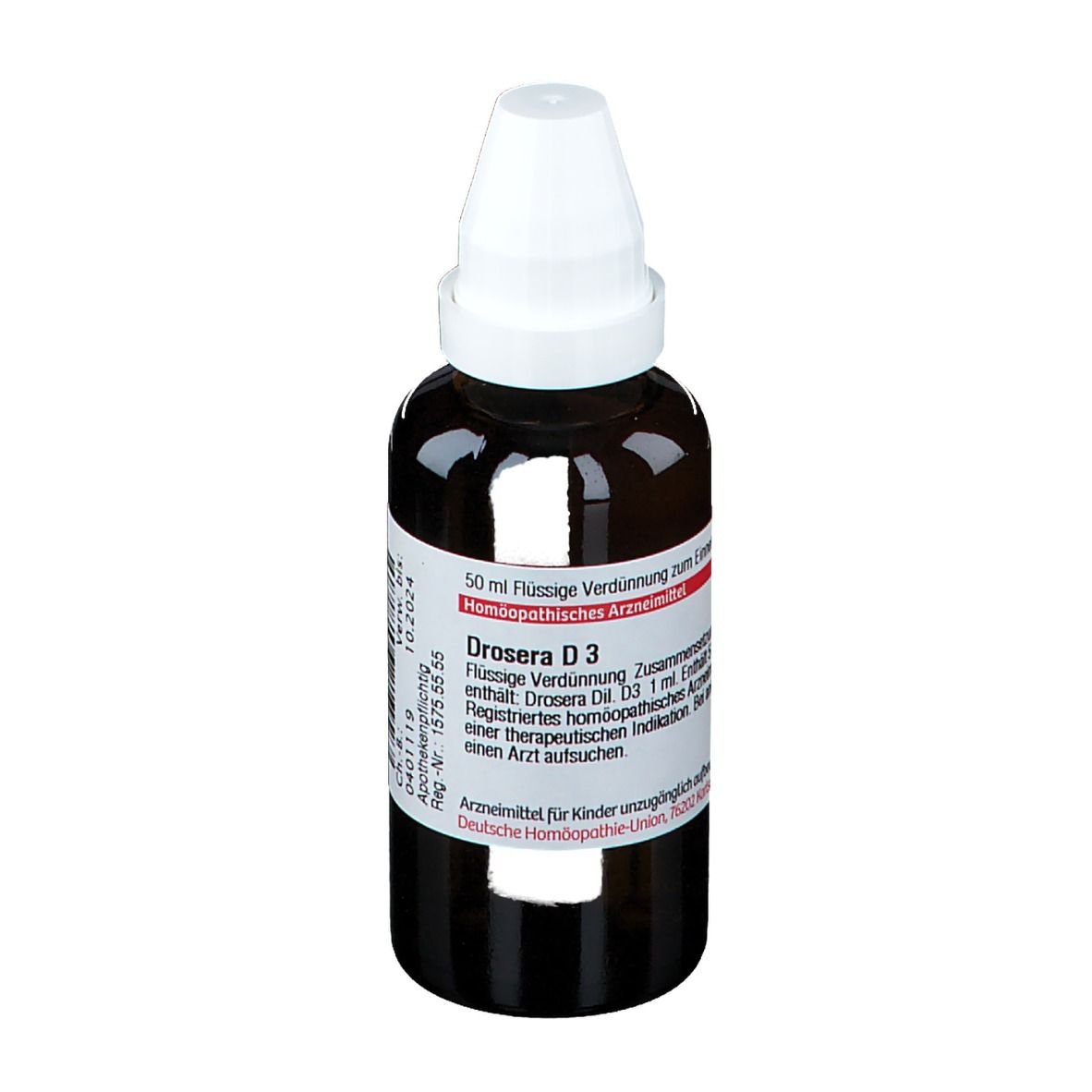 Braune Glasflasche mit weißem Deckel. Etikett mit Text: Drosera D3, flüssige Verdünnung. Deutsche Homöopathie-Union.