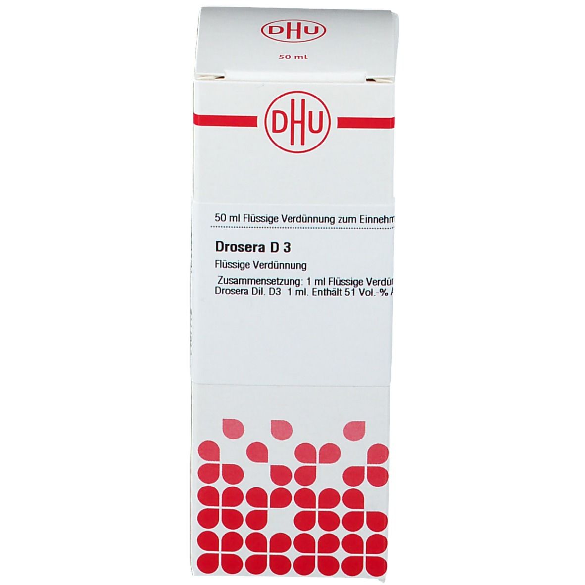 Produktverpackung mit Karton. Karton mit DHU-Logo und Text: Drosera D3, flüssige Verdünnung.