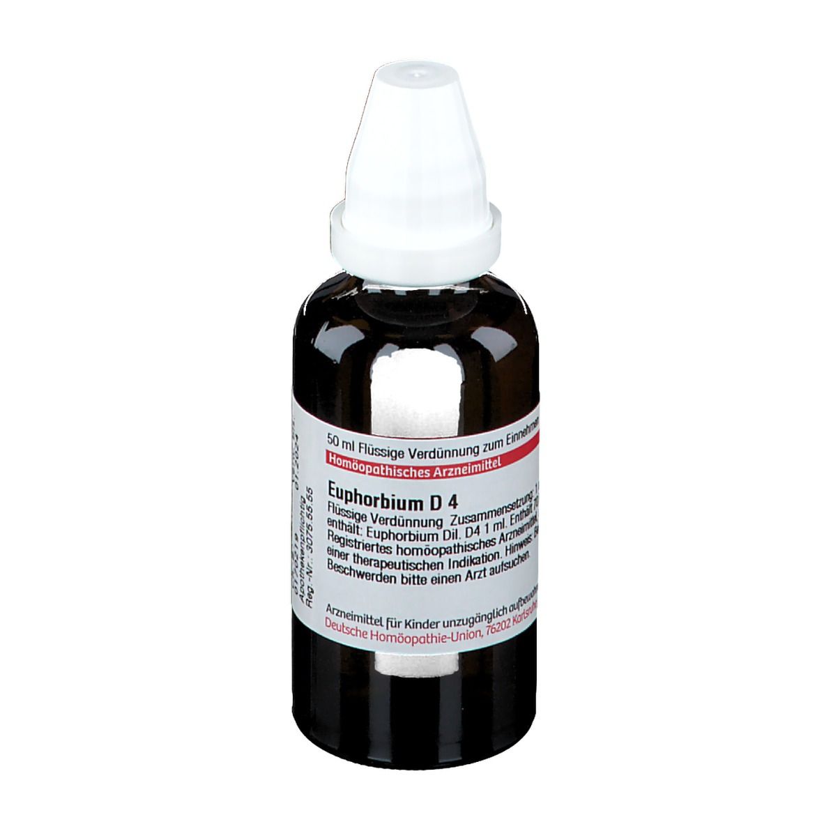 Braune Glasflasche mit weißem Verschluss. Etikett mit Produktinformationen. DHU Euphorbium D4.