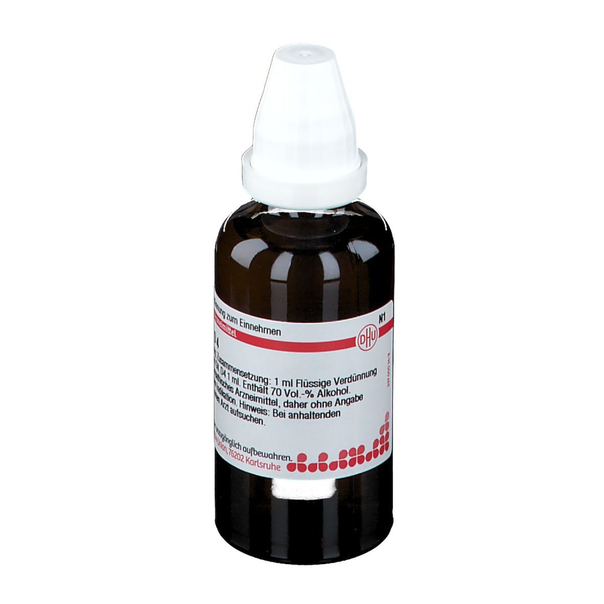 Braune Glasflasche mit weißem Verschluss. Etikett mit Produktinformationen. DHU Euphorbium D4.