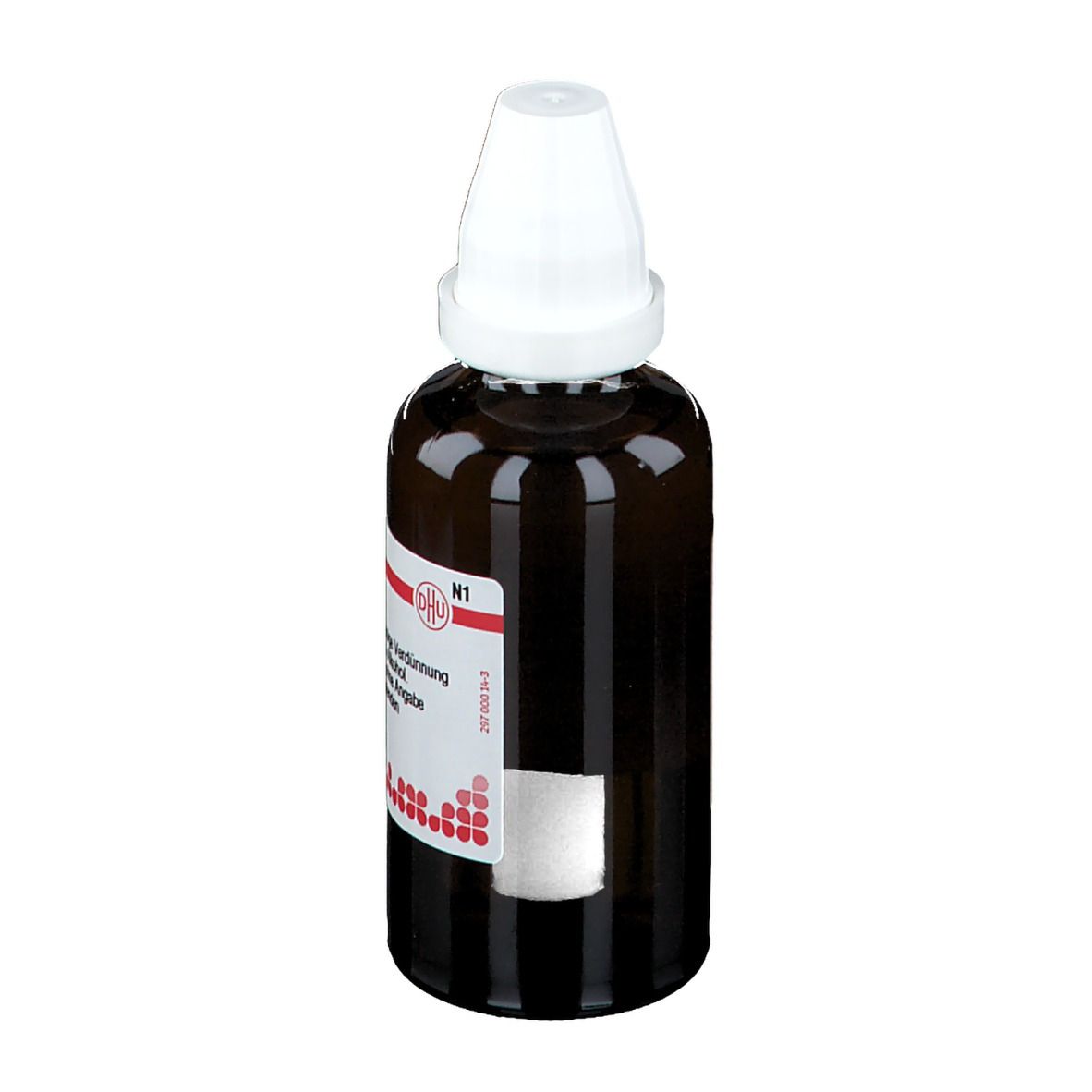 Braune Glasflasche mit weißem Verschluss. Etikett mit Produktinformationen. DHU Euphorbium D4.