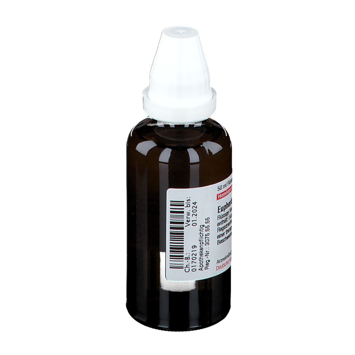 Braune Glasflasche mit weißem Verschluss. Etikett mit Produktinformationen. DHU Euphorbium D4.