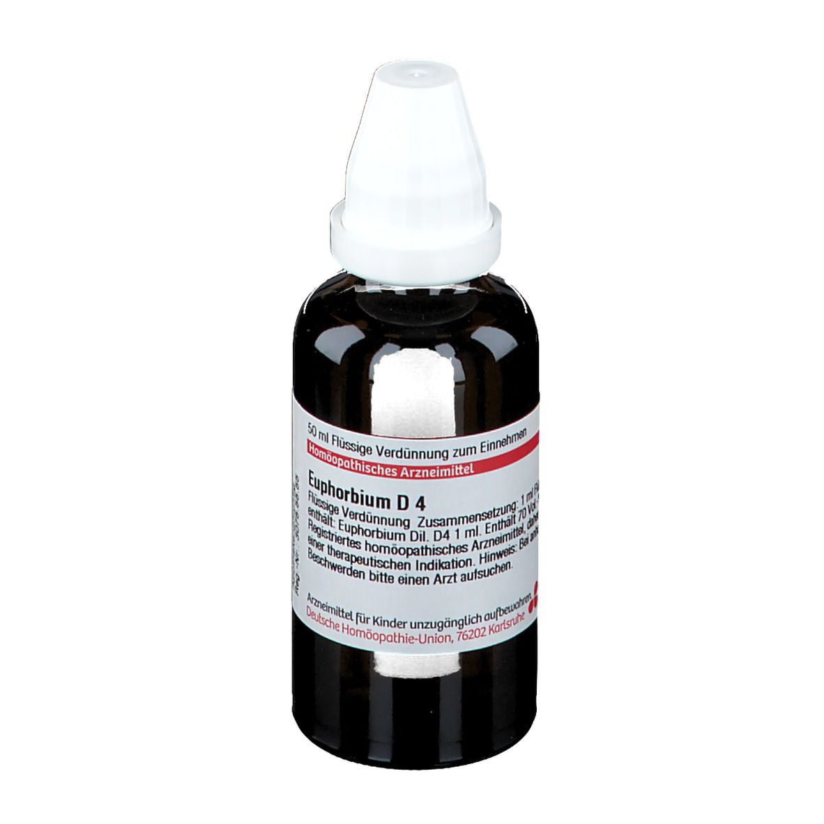 Braune Glasflasche mit weißem Verschluss. Etikett mit Produktinformationen. DHU Euphorbium D4.