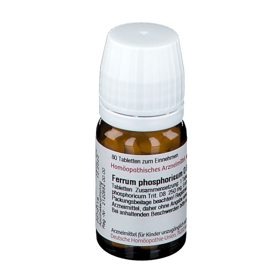 Braune Glasflasche mit weißen Deckel. Etikett mit Text. Enthält Tabletten. Deutsche Homöopathie-Union.