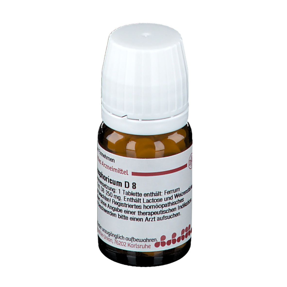Braune Glasflasche mit weißem Deckel. Etikett mit Text: Ferrum phosphoricum D8. Enthält Tabletten.
