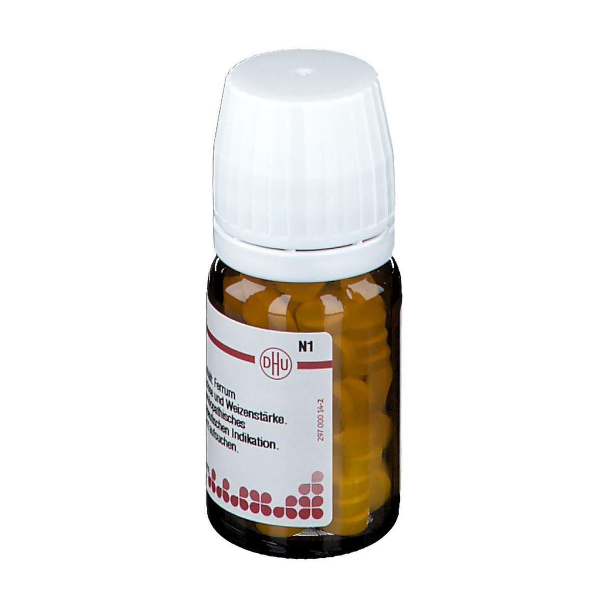 Braune Glasflasche mit weißem Deckel. Etikett mit Text und DHU-Logo. Enthält Tabletten.