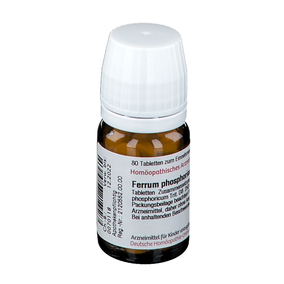 Braune Glasflasche mit weißem Deckel. Etikett mit Text. Enthält Tabletten. Verfallsdatum 12.2022.