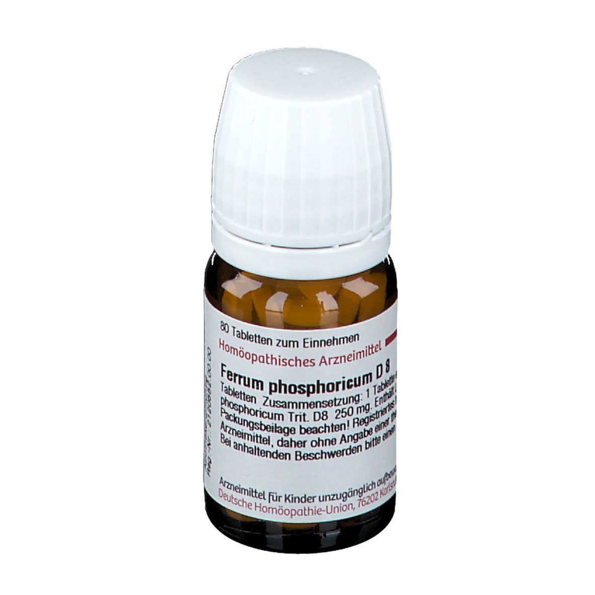 Braune Glasflasche mit weißem Deckel. Etikett mit Text: Ferrum phosphoricum D8. Enthält Tabletten.