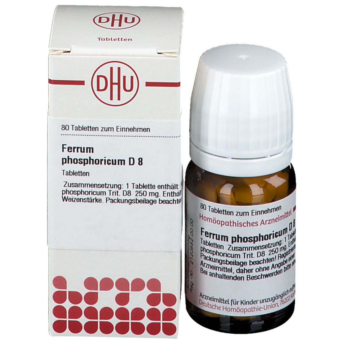 Braune Glasflasche und Schachtel. Schachtel mit Text und DHU-Logo. Enthält Tabletten.