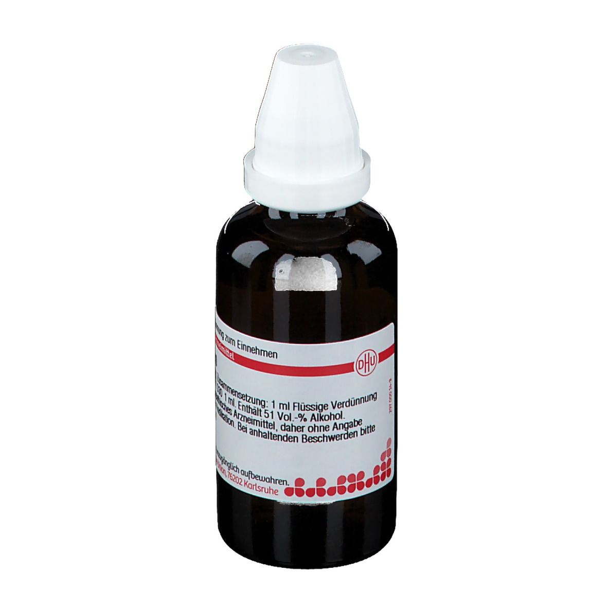 Braune Glasflasche mit weißem Verschluss. Etikett mit Produktinformationen. DHU-Logo. Homöopathisches Arzneimittel.