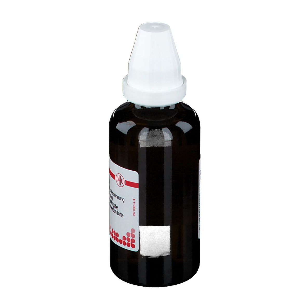 Braune Glasflasche mit weißem Verschluss. Etikett mit Produktinformationen. DHU-Logo. Homöopathisches Arzneimittel.