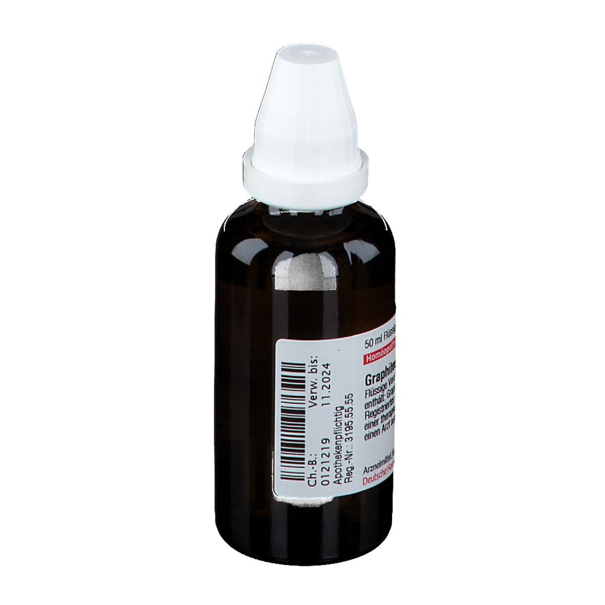 Braune Glasflasche mit weißem Verschluss. Etikett mit Produktinformationen und Barcode. DHU-Logo. Homöopathisches Arzneimittel.