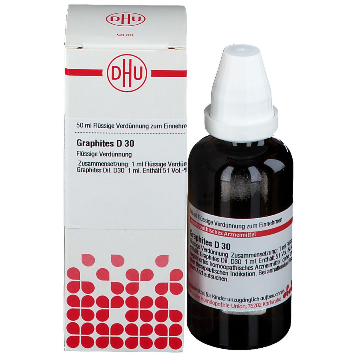 Produktverpackung: Schachtel und Flasche. Schachtel mit DHU-Logo und Produktinformationen: Graphites D 30. Homöopathisches Arzneimittel.
