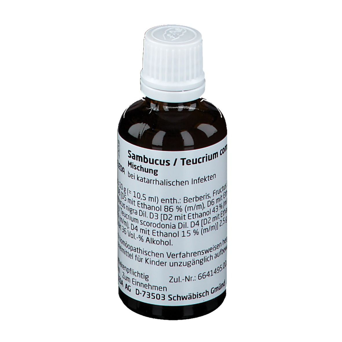 Braune Glasflasche mit weißem Deckel. Etikett mit Produktnamen und Inhaltsstoffen. Weleda Sambucus / Teucrium comp. Dilution.