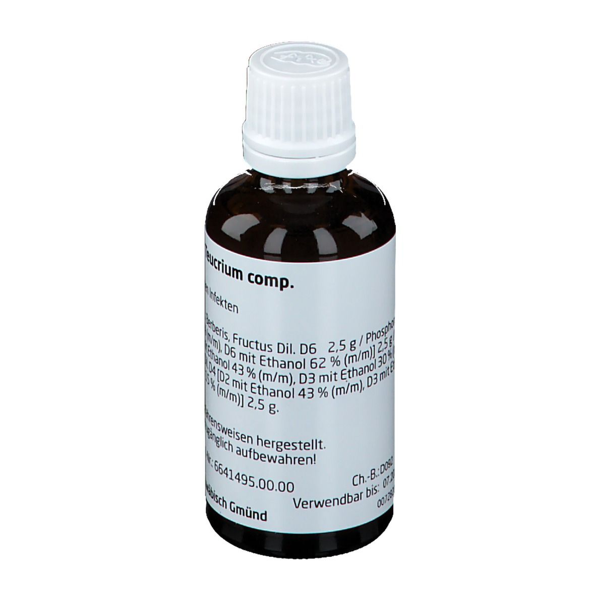 Braune Glasflasche mit weißem Deckel. Etikett mit Produktnamen und Inhaltsstoffen. Weleda Sambucus / Teucrium comp. Dilution.