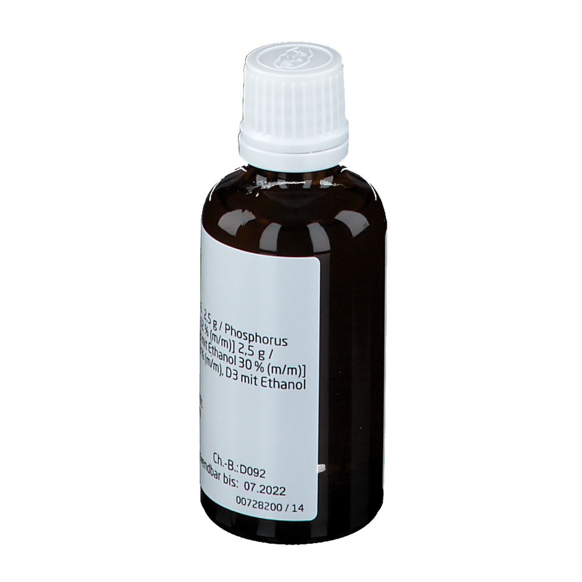 Braune Glasflasche mit weißem Deckel. Etikett mit Produktnamen und Inhaltsstoffen. Weleda Sambucus / Teucrium comp. Dilution.