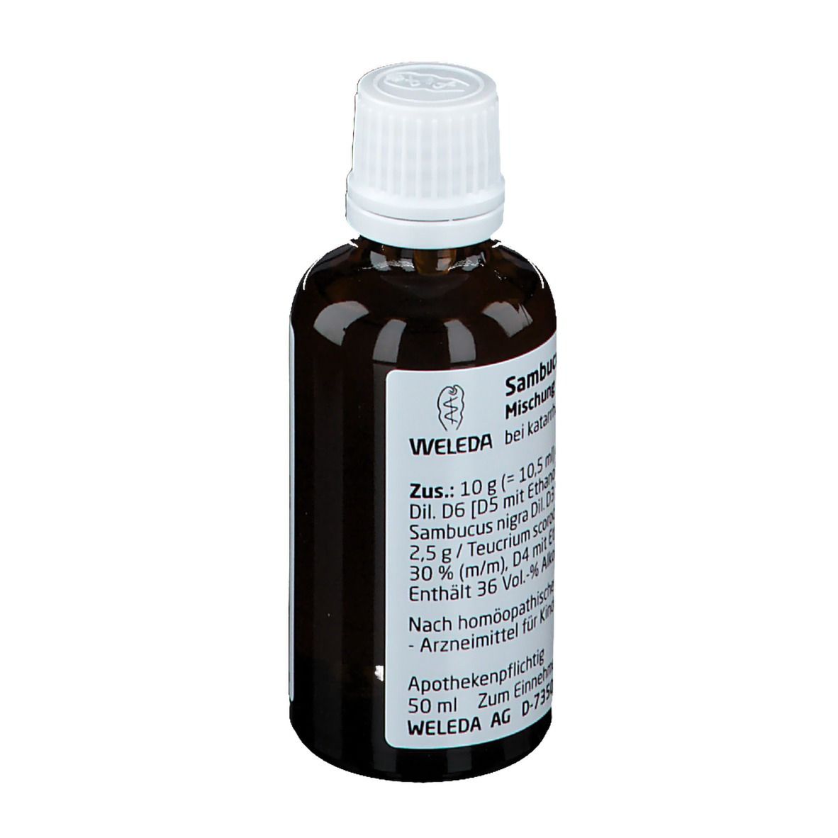 Braune Glasflasche mit weißem Deckel. Etikett mit Produktnamen und Inhaltsstoffen. Weleda Sambucus / Teucrium comp. Dilution.