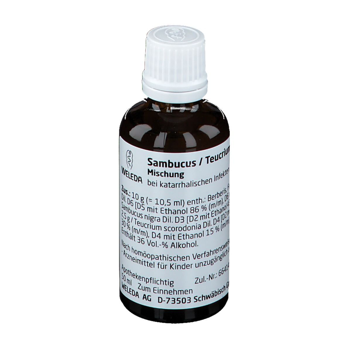 Braune Glasflasche mit weißem Deckel. Etikett mit Produktnamen und Inhaltsstoffen. Weleda Sambucus / Teucrium comp. Dilution.