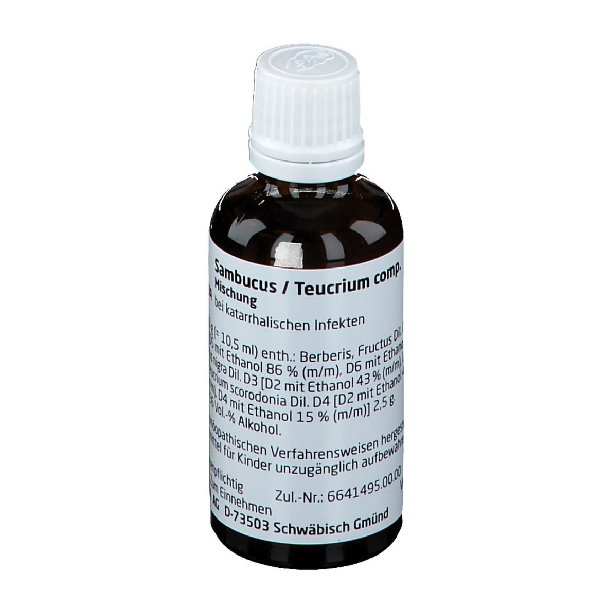 Braune Glasflasche mit weißem Deckel. Etikett mit Produktnamen und Inhaltsstoffen. Weleda Sambucus / Teucrium comp. Dilution.