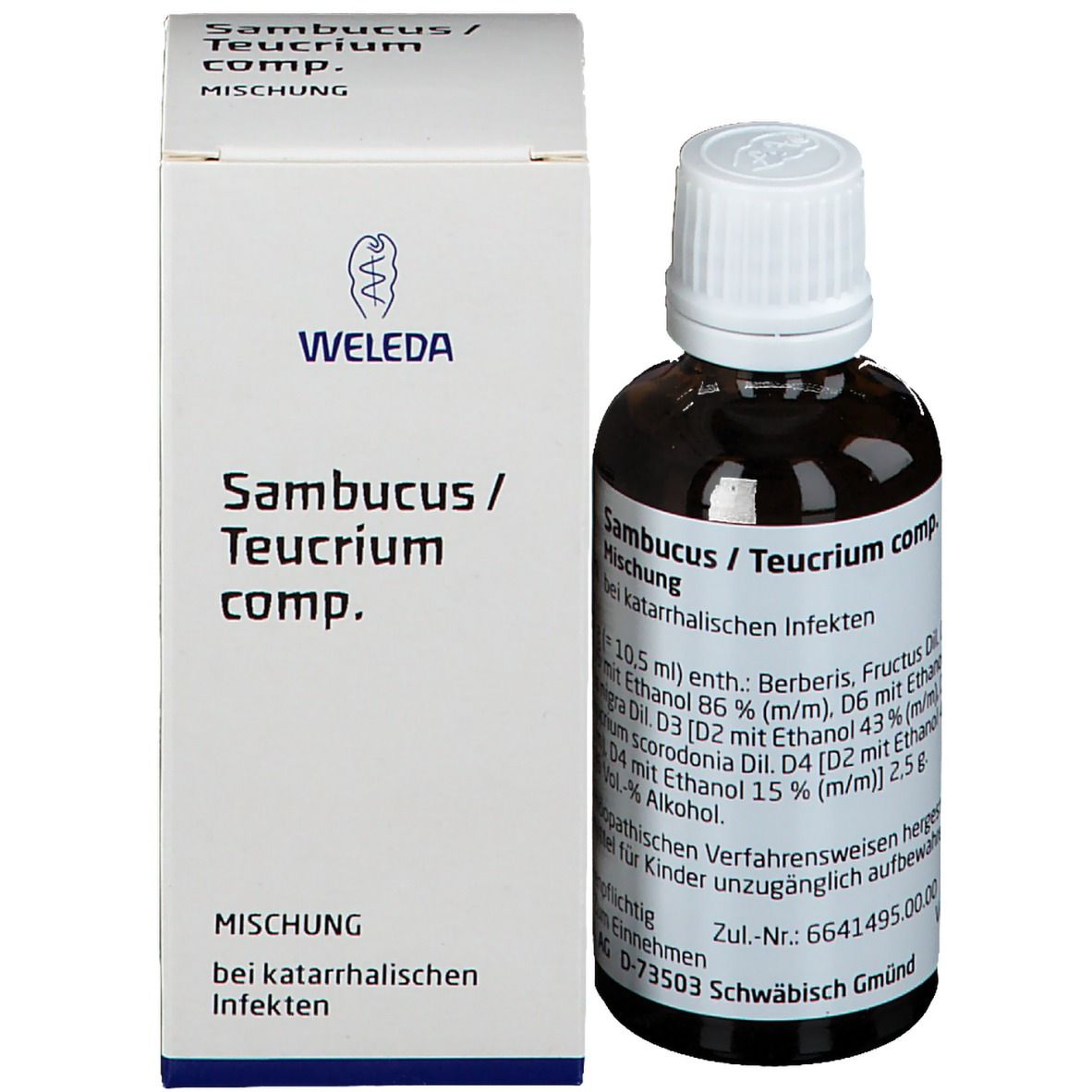 Braune Glasflasche mit weißem Deckel und Karton. Weleda Sambucus / Teucrium comp. Dilution. Produktname und Logo sichtbar.