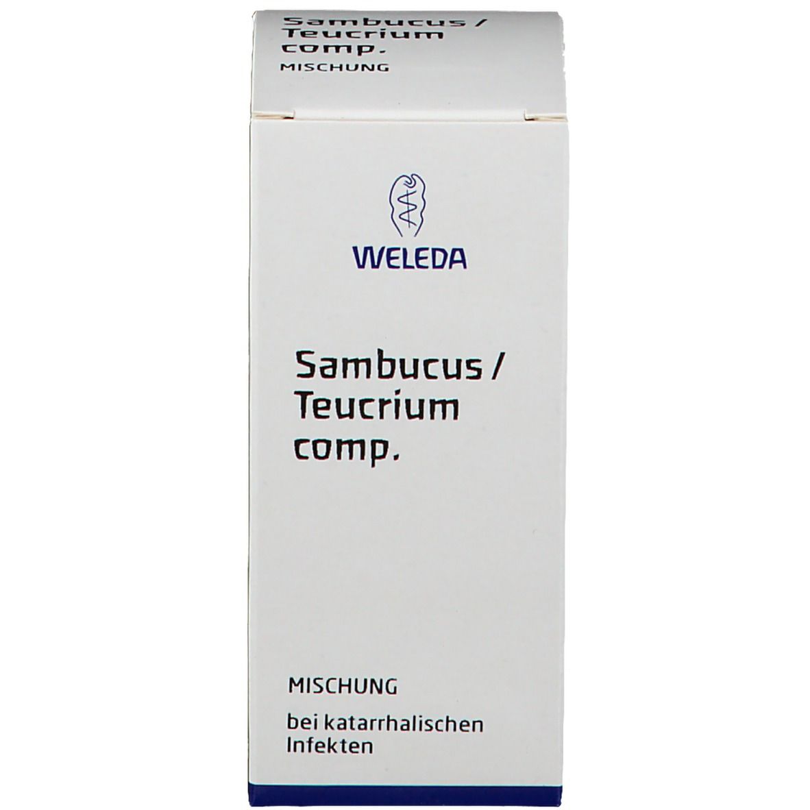 Weiße Produktverpackung. Weleda Sambucus / Teucrium comp. Dilution. Produktname und Logo sichtbar.