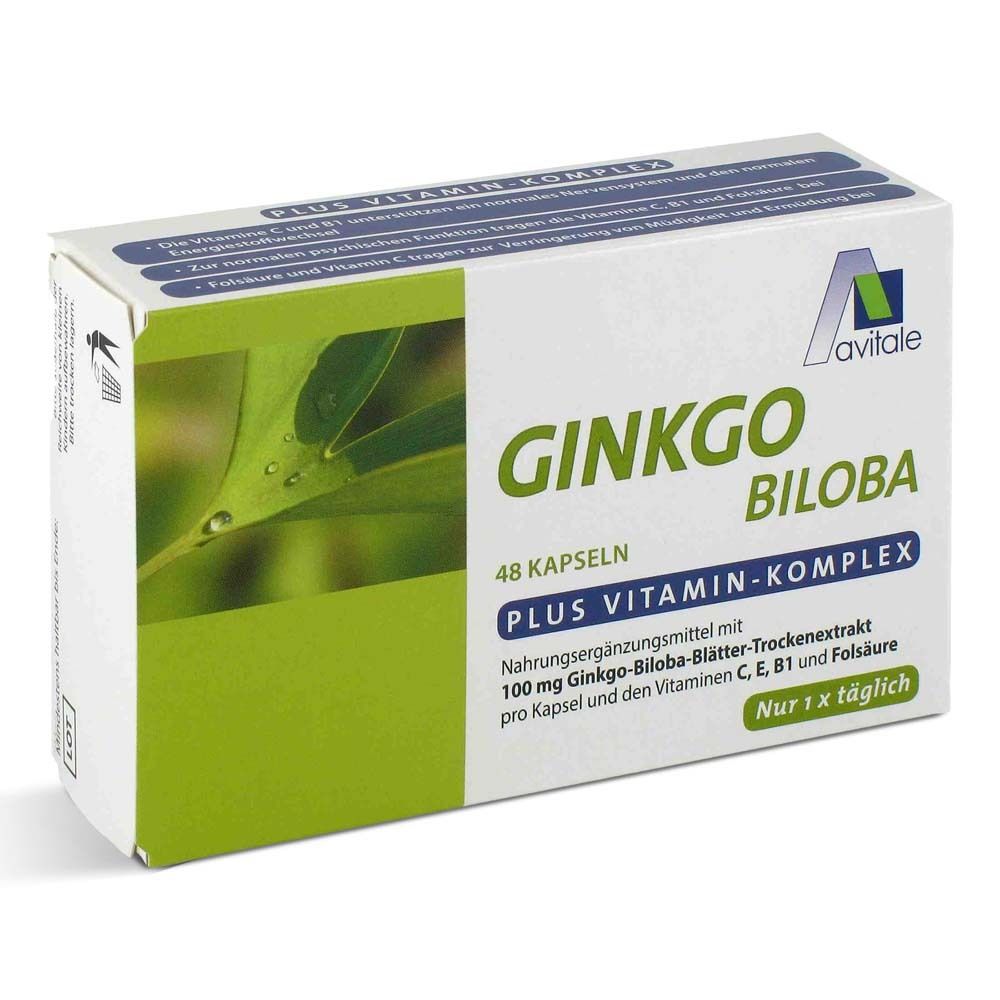 Schachtel mit Avitale Ginkgo Biloba Kapseln. Grün-weißes Design. Text: Ginkgo Biloba, 48 Kapseln, Plus Vitamin-Komplex.