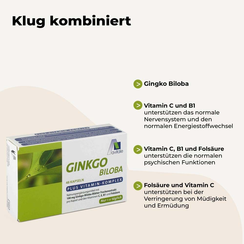 Text: Klug kombiniert. Grafiken und Text: Ginkgo Biloba, Vitamin C, B1, Folsäure. Beschreibungen der Vorteile.
