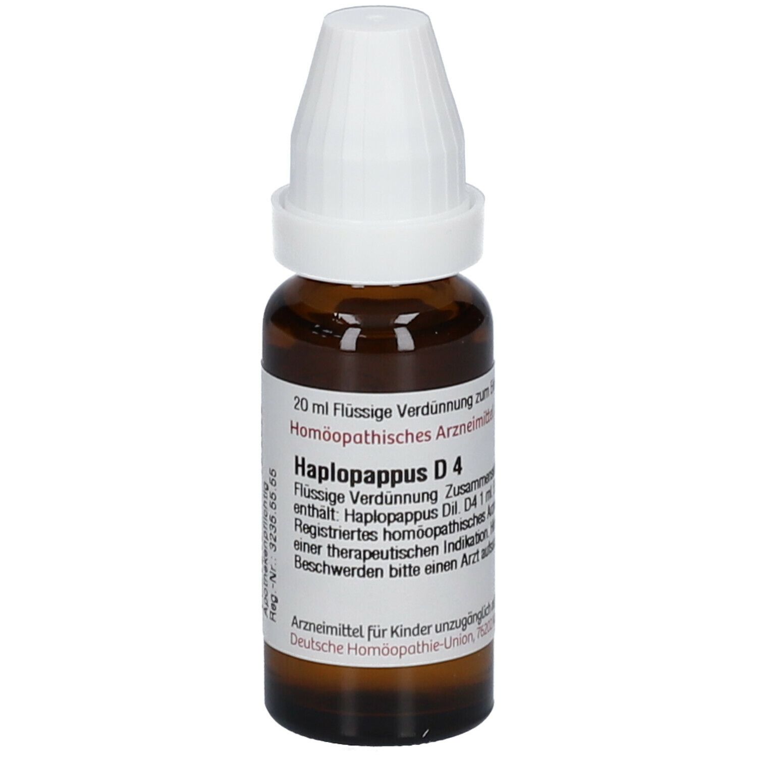 Braune Glasflasche mit weißem Verschluss. Etikett mit Text: Haplopappus D4, 20 ml. Homöopathisches Arzneimittel.