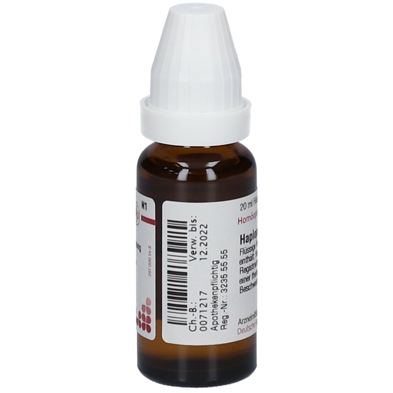 Braune Glasflasche mit weißem Verschluss. Etikett mit Text: Haplopappus D4, 20 ml. Apothekenpflichtig. Verwendbar bis 12.2022.